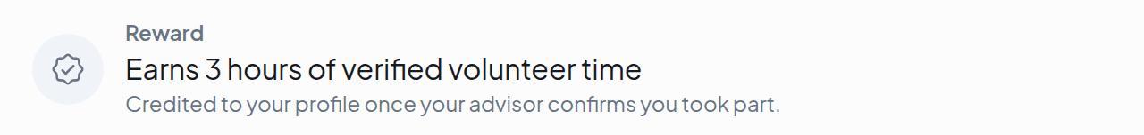 A reward banner reading: Earns 3 hours of verified volunteer time