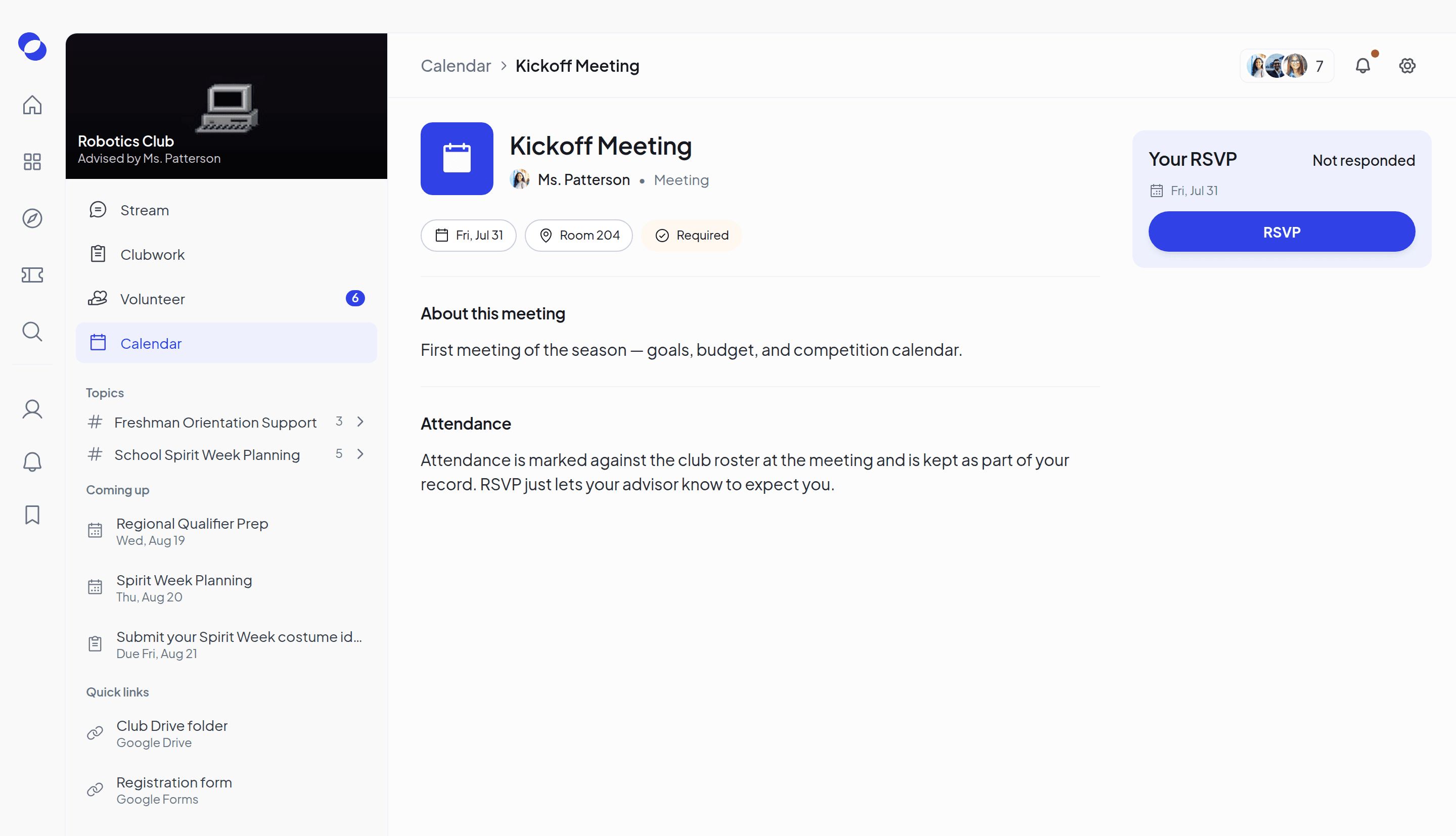 A meeting page showing when and where it is, with an Attendance section