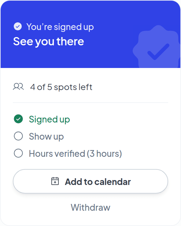 A sign-up status list: Signed up, Attended, Hours verified