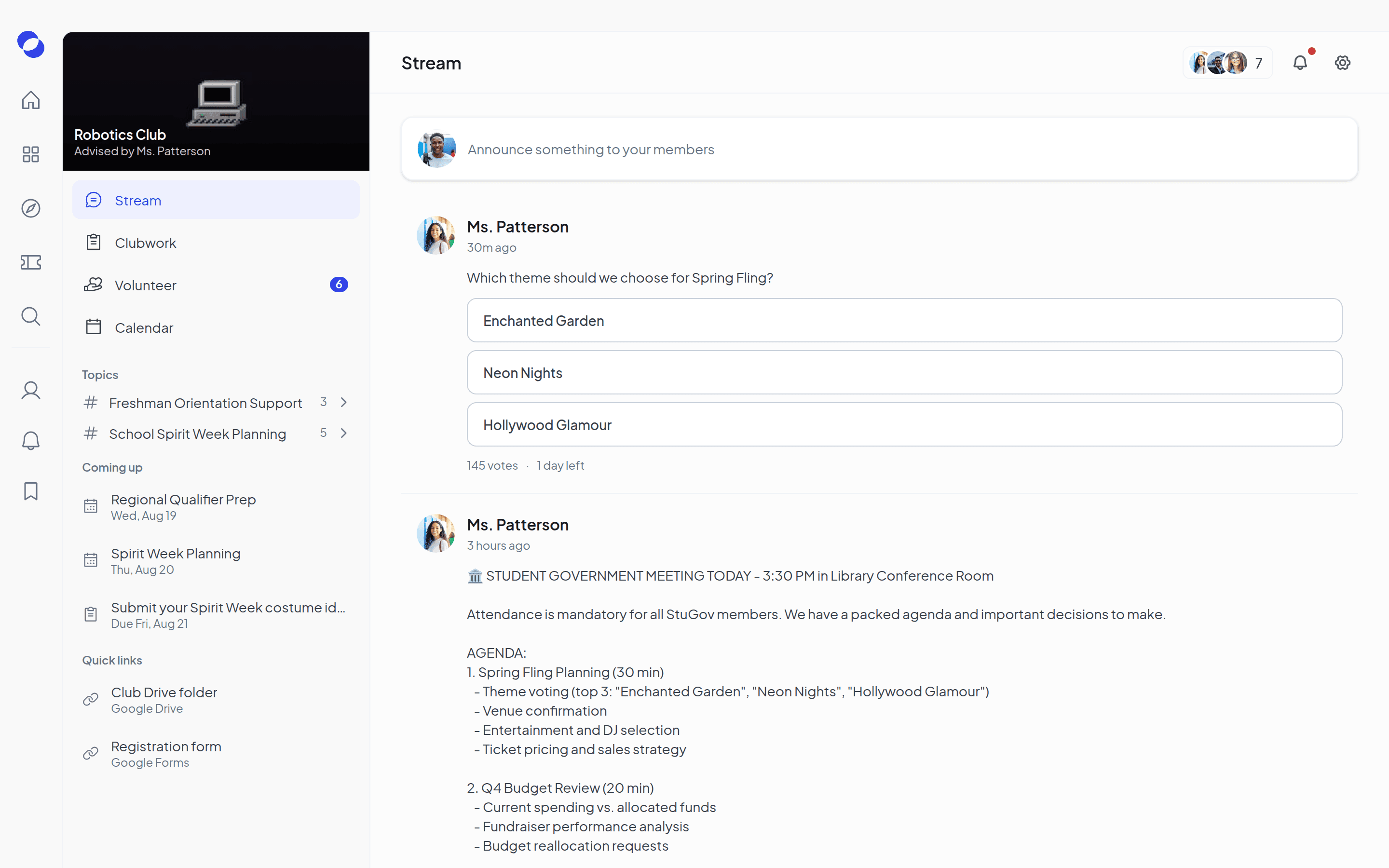 The Stream in a club workspace, with the club sidebar, a post box, a poll and an announcement from the advisor