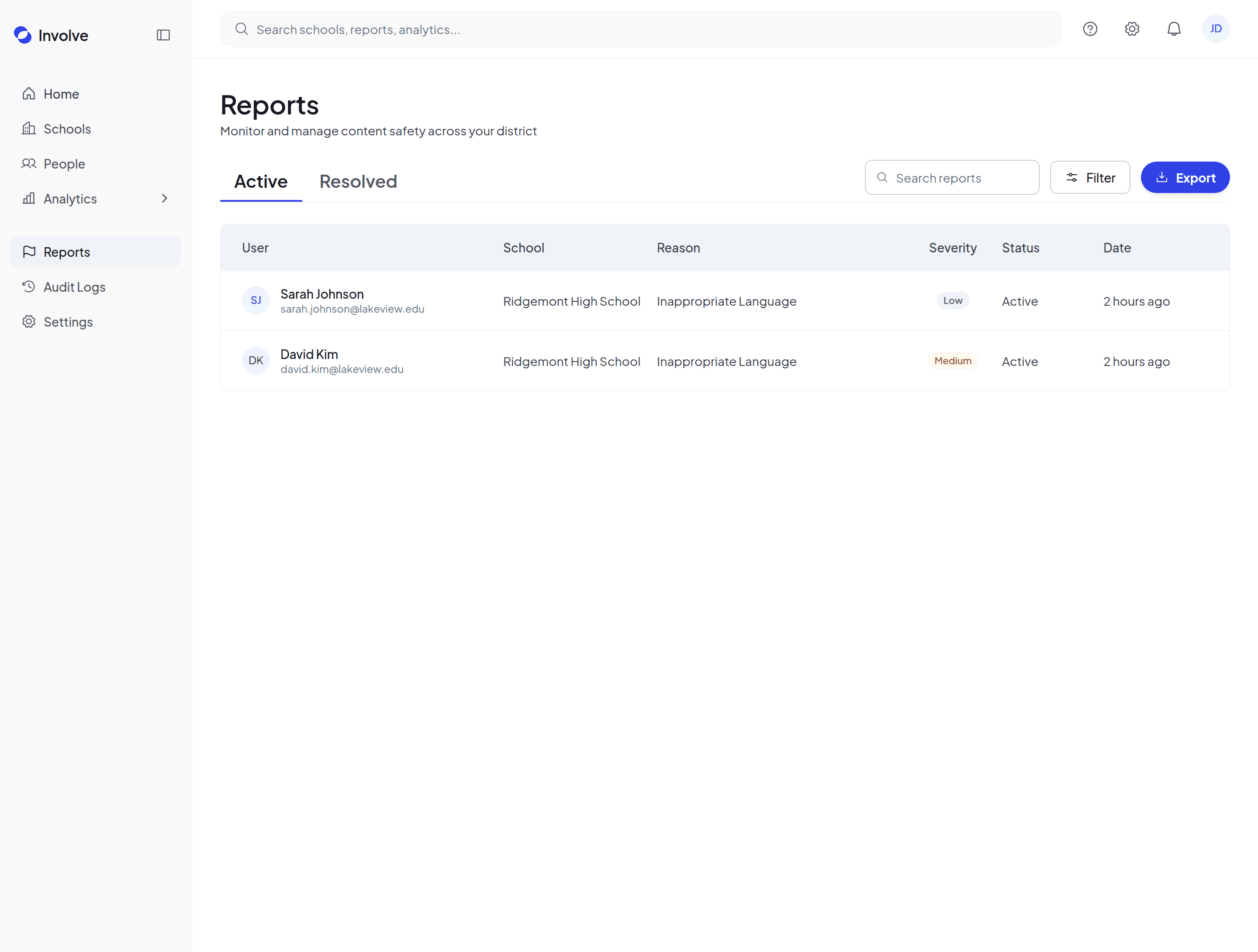 The Reports page: a queue of reported items with the school, the reason, the severity and the status